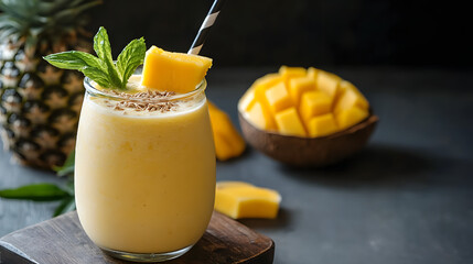 A refreshing smoothie with tropical fruits like pineapple, mango, and coconut milk.