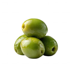 A pile of shiny green olives set against a white isolated background, ideal for culinary or health-themed projects.