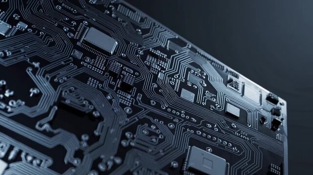 High-tech digital illustration of computer motherboard silhouette on dark background for IT company website design