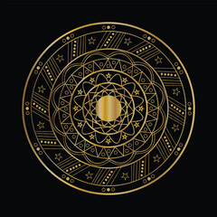 Intricate golden mandala design on a black background