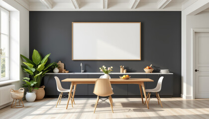 Modern mock room interior design poster template for empty wall in clean kitchen environment