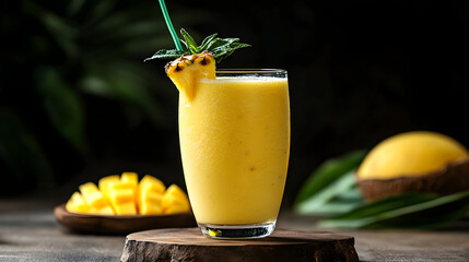 A refreshing smoothie with tropical fruits like pineapple, mango, and coconut milk.