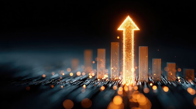Upward-pointing arrow with glowing bar graphs symbolizes business success, financial acceleration, and tech-driven performance growth using data intelligence and visual reporting tools.