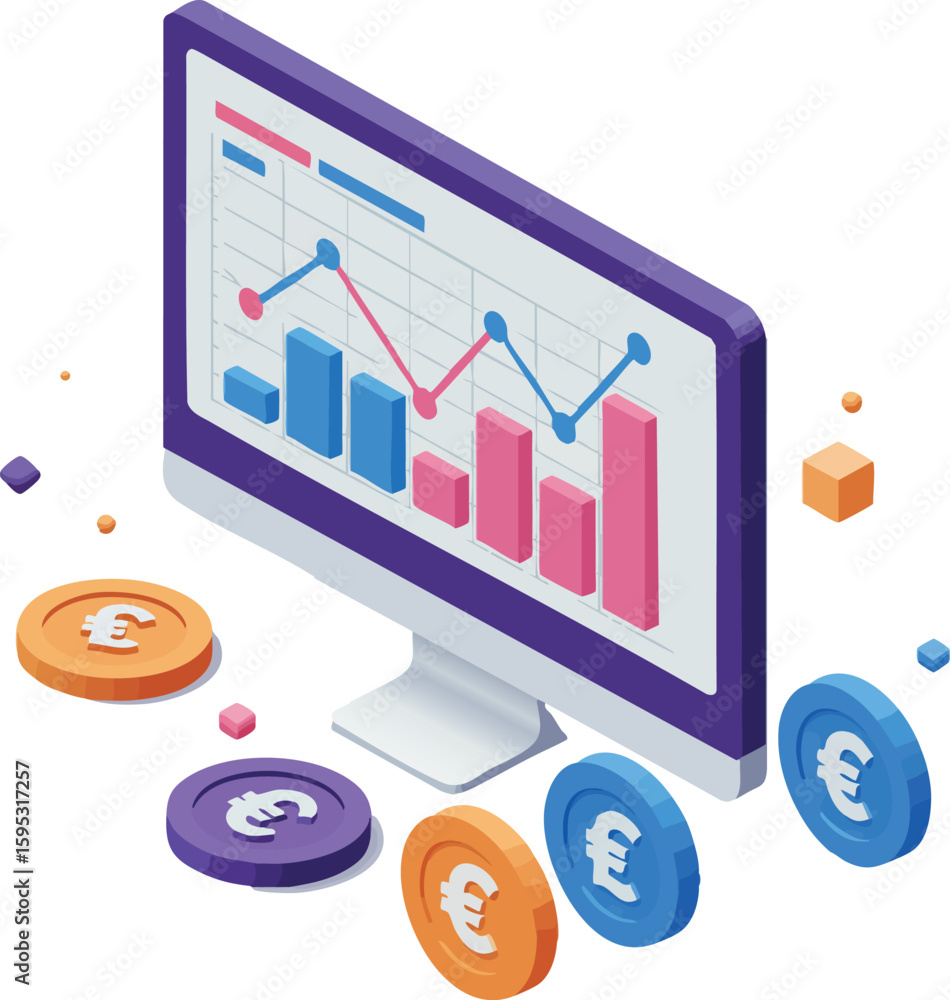 Aufkleber digital financial analytics with euro coins and data charts on computer screen for business insights
