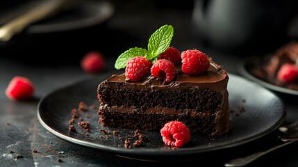 A rich chocolate cake slice with glossy ganache, topped with raspberries and mint leaves.