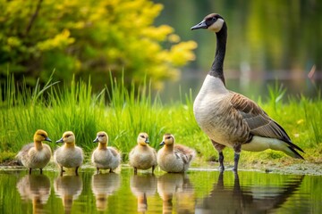 Obraz premium Majestic canada goose parent stands guard over adorable ducklings lined up by a serene pond