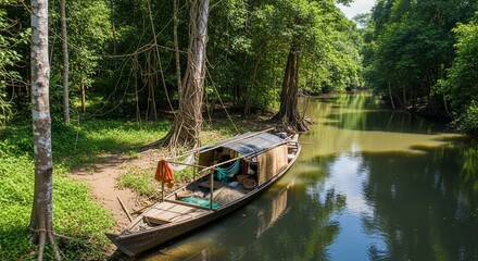 A small boat docked on the edge of a calm river surrounded by lush green trees.