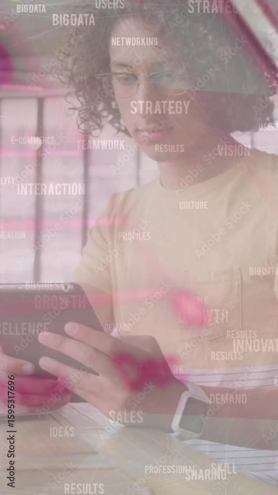 Poster animation of financial data processing over man using tablet