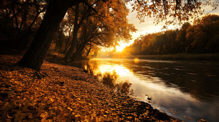 A riverbank in autumn with trees shedding vibrant golden leaves.