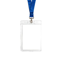 White name badge on blue lanyard clean and elegant against a white backdrop Perfect for professional and corporate concepts