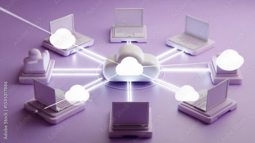 Poster cloud computing concept. laptops connected to a central cloud