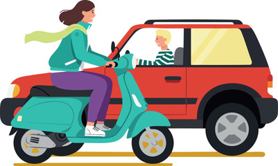 Woman riding teal scooter past red car with blonde child passenger in urban street scene vector illustration