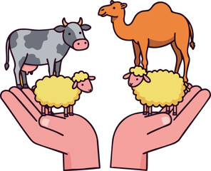 Obraz premium Farm animals cow camel sheep on hands protection concept vector illustration design natural care