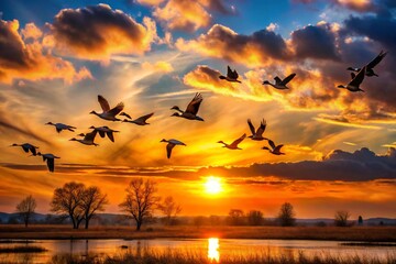 Flock of geese flying southward over calm water reflecting a vibrant sunset sky