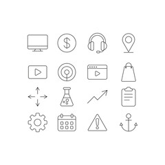  a minimalist black outline icon set including computer, dollar sign, target, calendar, gear, flask, and navigation elements on white background.