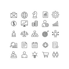 black line icons of business, management, finance, and strategy in modern minimal style on white background, vector set