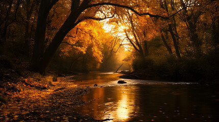 A riverbank in autumn with trees shedding vibrant golden leaves.