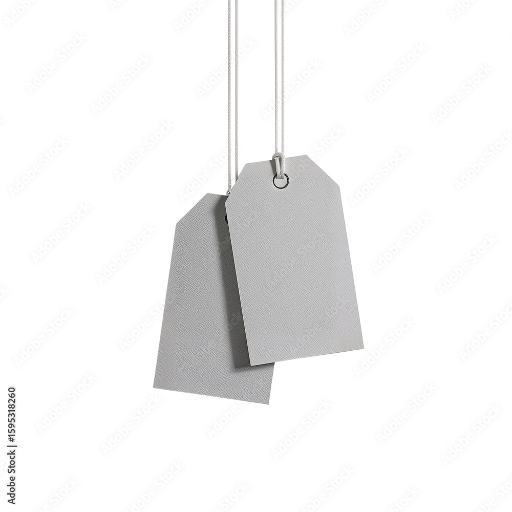 Poster two blank tags suspended by strings against an isolated space provide ample copy space