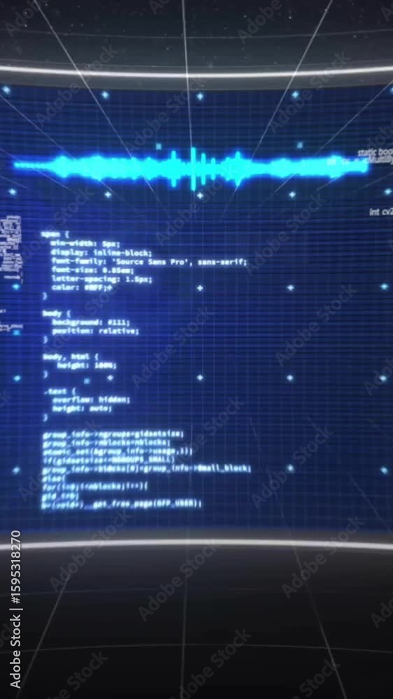 Poster animation of digital data processing on screen over black background