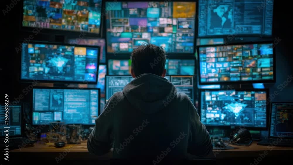 Poster person working in a dark room with many computer screens displaying data