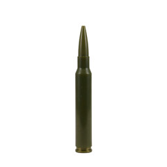 Close up shot of a 556mm tactical bullet featuring a distinctive green polymer tip set against a crisp white backdrop