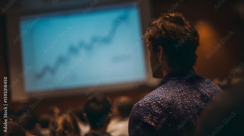 Poster university lecture on investment strategies with graphs projected