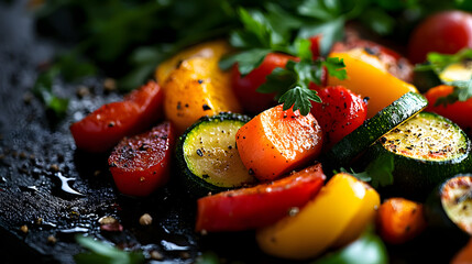 A roasted vegetable medley with carrots, zucchini, and bell peppers, perfectly caramelized.