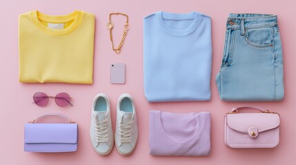 Colorful summer outfit flat lay with casual clothing and accessories on a pink background