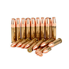 Shiny copper pistol rounds neatly arranged in a fan pattern isolated on a clean white background Ideal for firearm or ammunition concepts