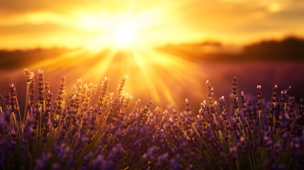 A romantic lavender field bathed in golden sunlight.