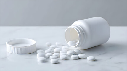 White Pill Bottle and Scattered Pills on Marble Surface