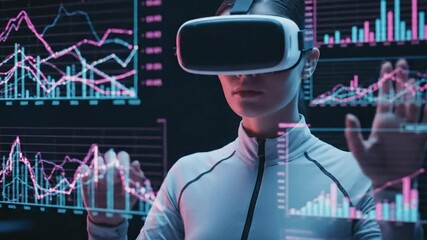 Woman using virtual reality headset interacting with financial data and charts - Powered by Adobe