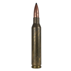 Close up of a sleek matte sniper bullet with a large caliber size emphasizing precision and power Standing tall against a white background