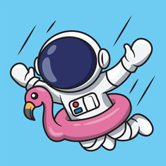 Cartoon Astronaut with Flamingo Floatie Illustration