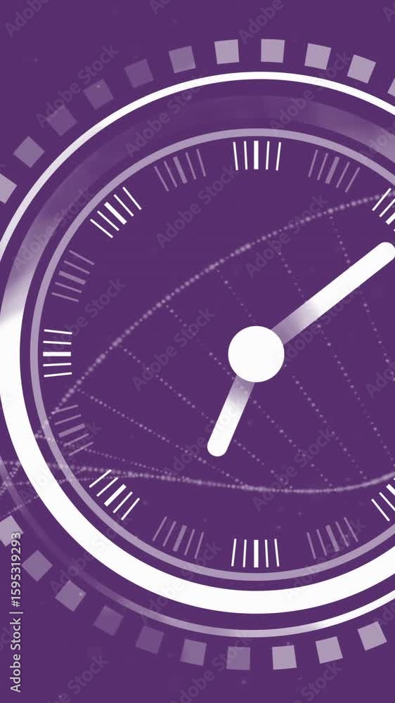 Poster animation of circular scanner with clock hands over dna on purple background