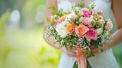 A bride holding a colorful wedding bouquet with pink, orange, and white roses, greenery, and baby's breath, with a blurred green background and a soft focus on the bouquet.