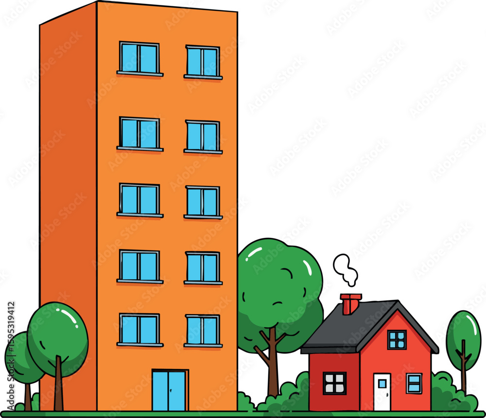Poster orange apartment building with small red house and surrounding green trees in simple vector style