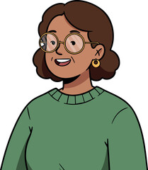 Elderly woman smiling wearing glasses and green sweater vector illustration of happy senior female character
