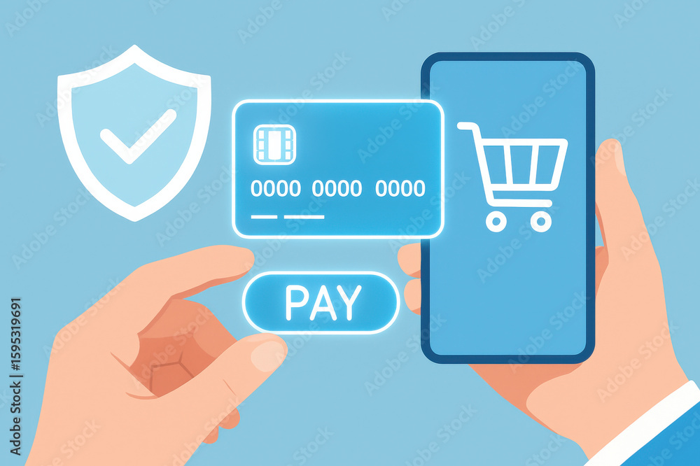 Poster secure payment process with credit card and mobile device, emphasizing safety and convenience