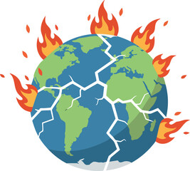Earth planet cracked with fire flames vector illustration symbolizing global warming and environmental disaster