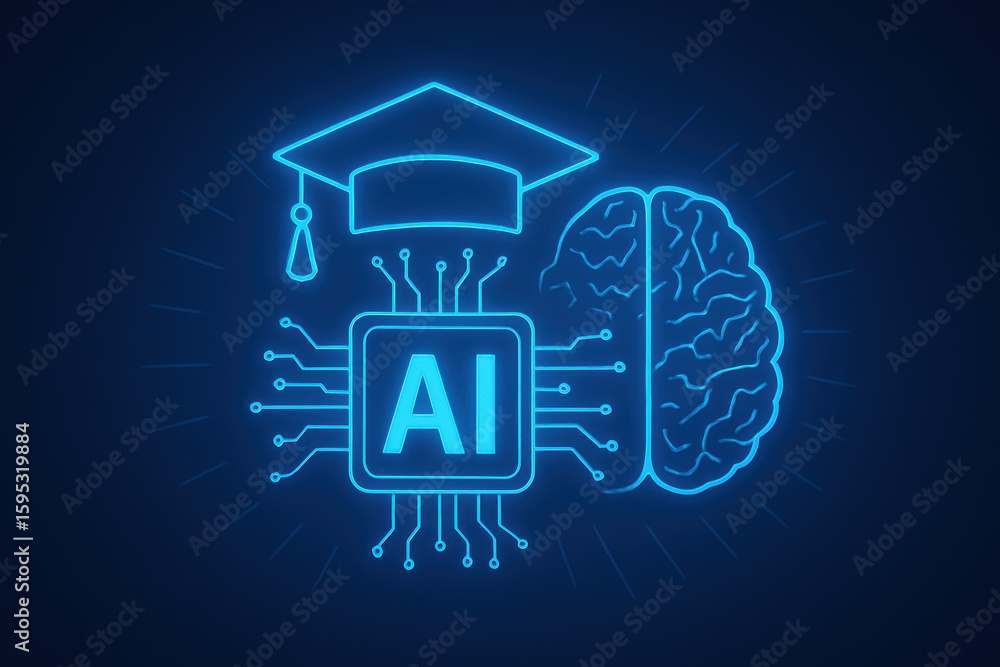Poster ai education symbol with brain and circuit design, representing machine learning concepts