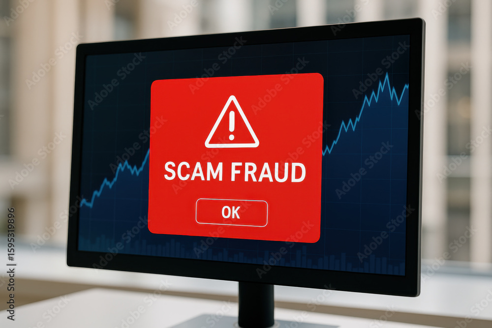 Poster warning alert on computer screen about scam fraud with rising graph in background