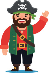Pirate character waving hand in colorful costume with skull hat and belt vector illustration