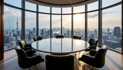 Fototapeta premium Modern office meeting space with circular table luxury interior design green furniture urban skyline view