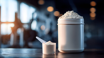 Protein Powder Jar and Scoop in Gym Setting with Bokeh