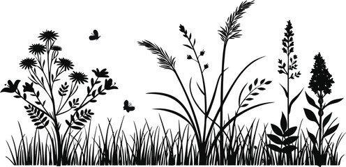 Botanical Silhouette Vector Collection – Grass, Wild Plants & Bushes for Landscape Design & Nature Scenes © Thejan