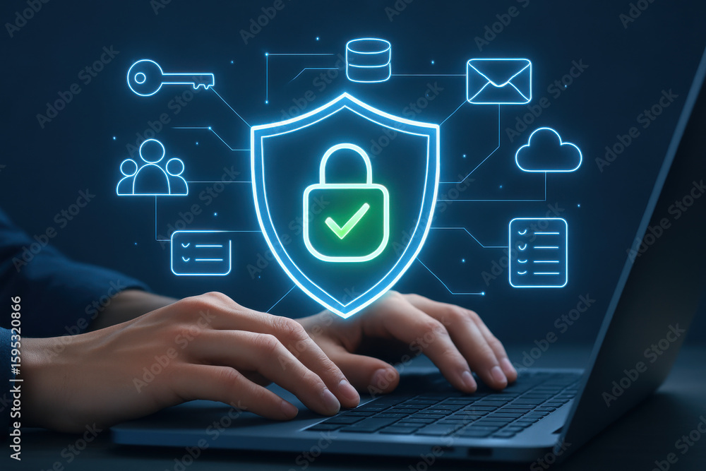 Poster secure digital illustration of cybersecurity with shield and lock symbolizing protection