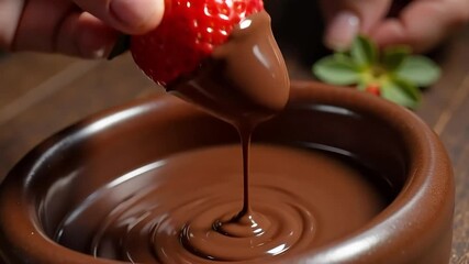 Hand dipping a ripe strawberry into a bowl of melted chocolate for a sweet and delicious treat - Powered by Adobe