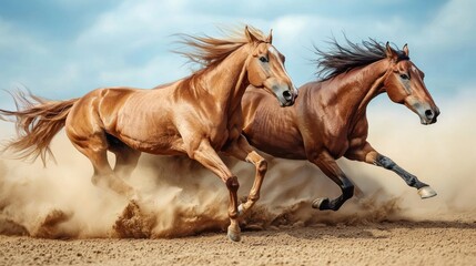 Obraz premium Two chestnut horses galloping in a sandy field with a blue sky in the background.