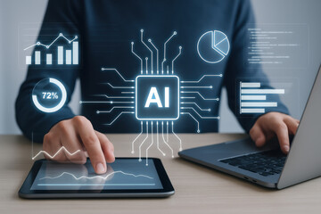 Digital illustration of artificial intelligence technology with data analysis and graphs